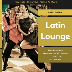 28-01-2018 - Latin Lounge met workshop Styling and Partnering voor mannen en vrouwen door Monique vd Berg Latin Lounge in Café Groothuis<br />
Elke laatste zondag van de maand<br />
DJ Latin Pro<br />
Salsa, Bachata, Kizomba<br />
28-01-2018 - Latin Lounge met workshop Styling and Partnering voor mannen en vrouwen door Monique vd Berg